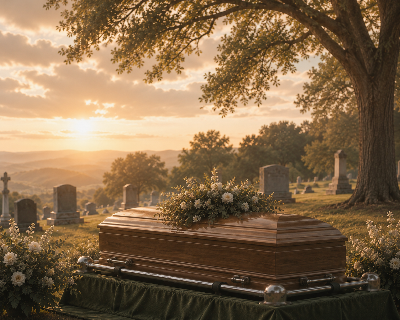 A wooden casket with flowers on top in a cemetery at sunset.