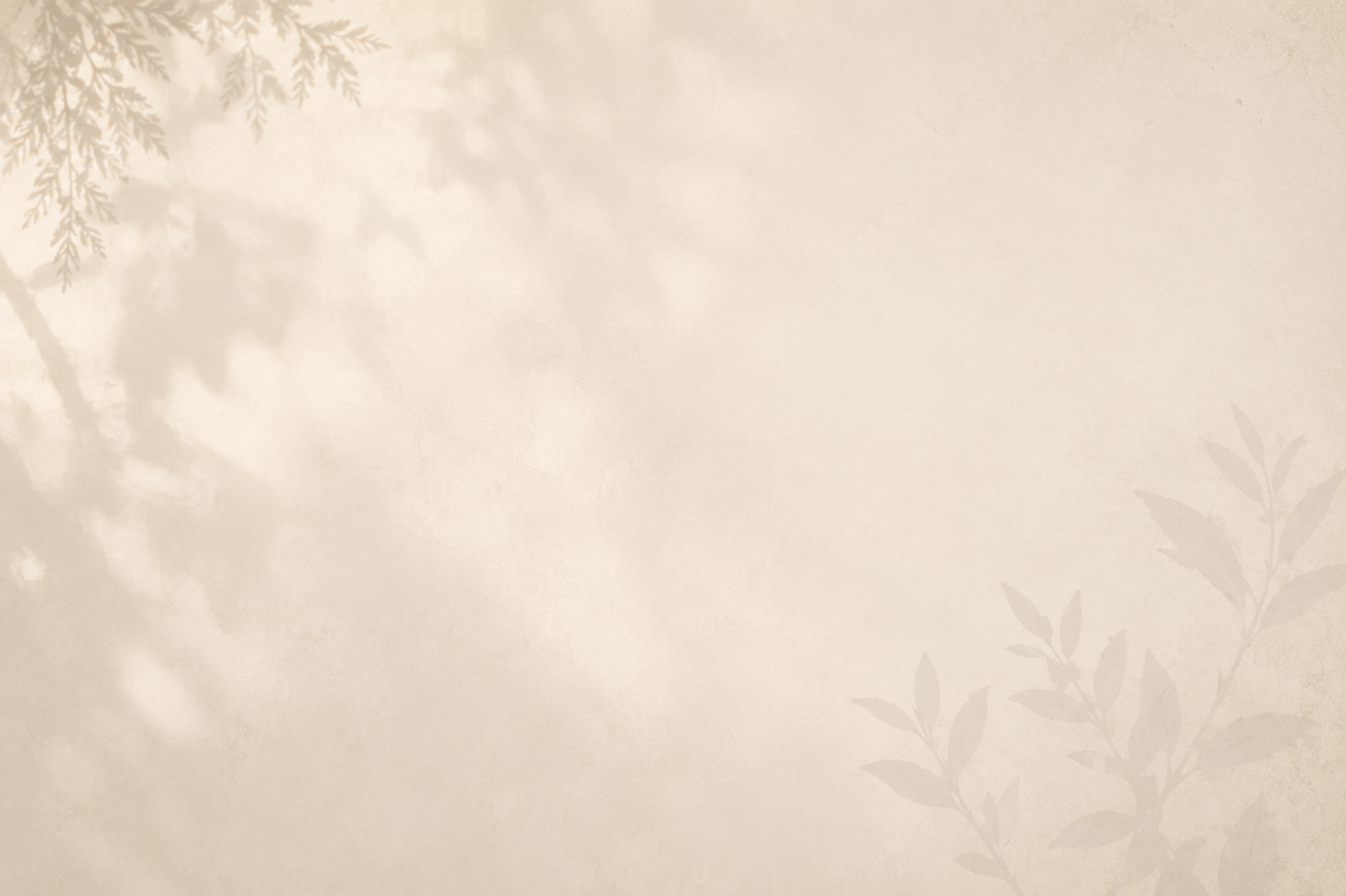 Light beige background with a shadow of tree leaves in the top left corner and faint botanical illustrations in the bottom right corner.