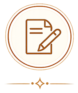 Icon of a piece of paper with lines and a folded corner, alongside a pen, inside a circular border.