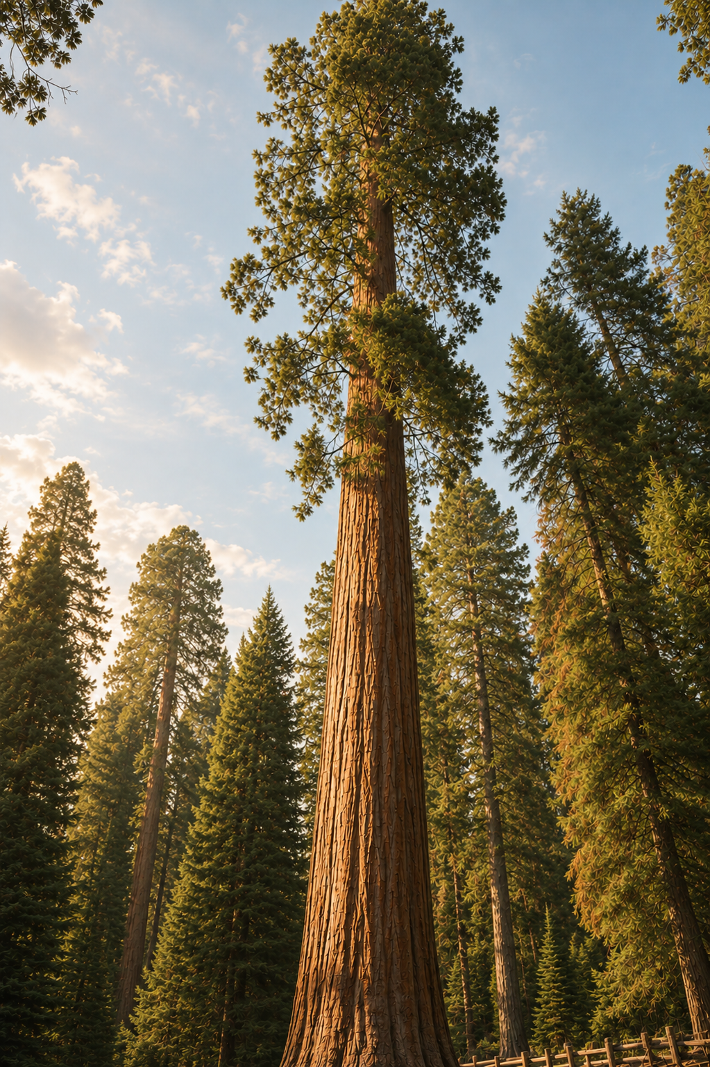 Tall redwood trees in a forest with a blue sky and scattered clouds in the background.