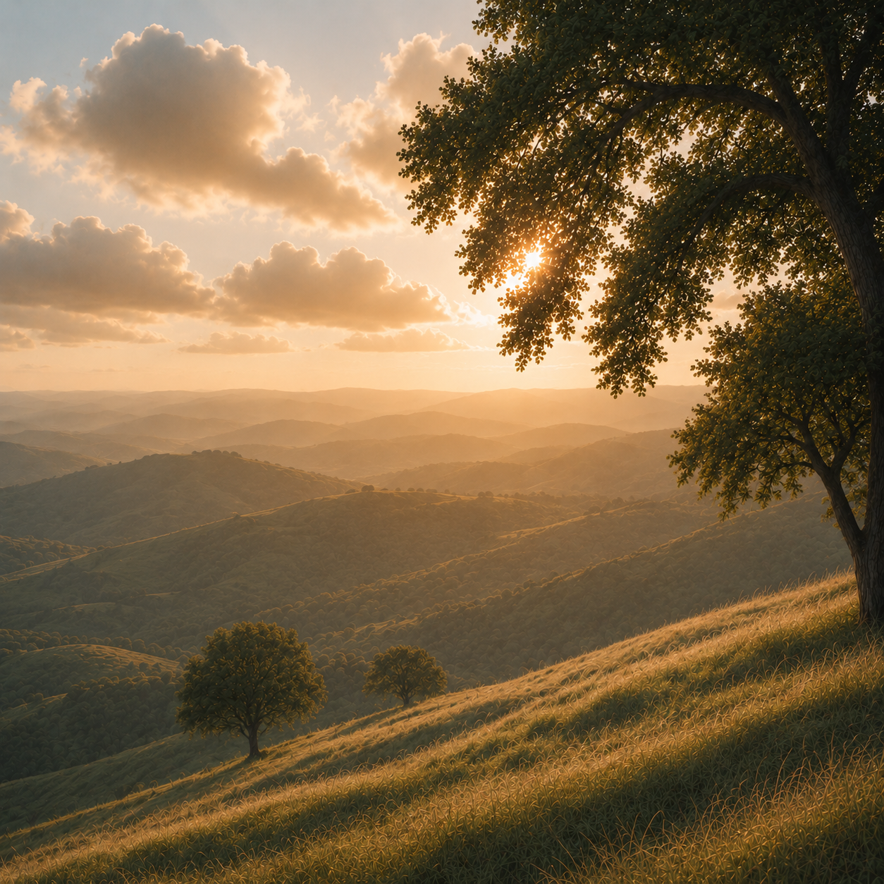 Sun setting over rolling hills with trees and golden grass, clouds in the sky.