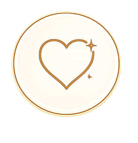 A white circular badge with a gold border featuring a gold outline of a heart and small stars inside.