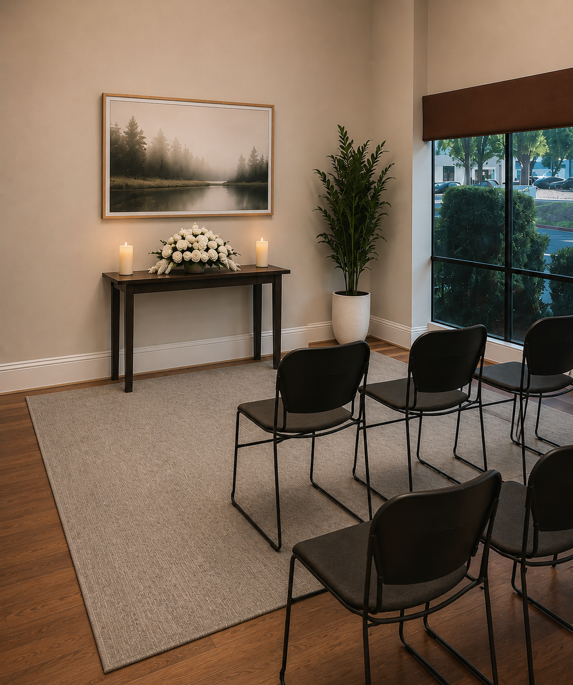 A memorial setup with a table holding a floral arrangement of white roses and two candles, set against a framed landscape painting of a foggy forest and a view outside through a window with trees and parked cars.