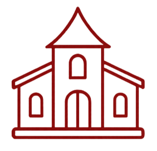 Line drawing of a church with a tall steeple and three windows.