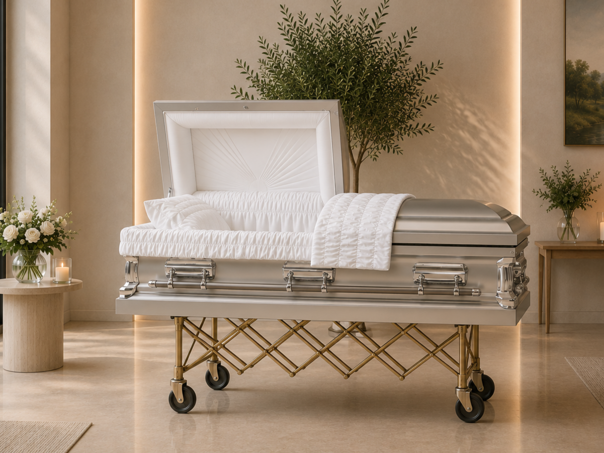 A silver casket on a wheeled platform with an open lid, lined with white fabric, in a room decorated with flowers, candles, and plants.