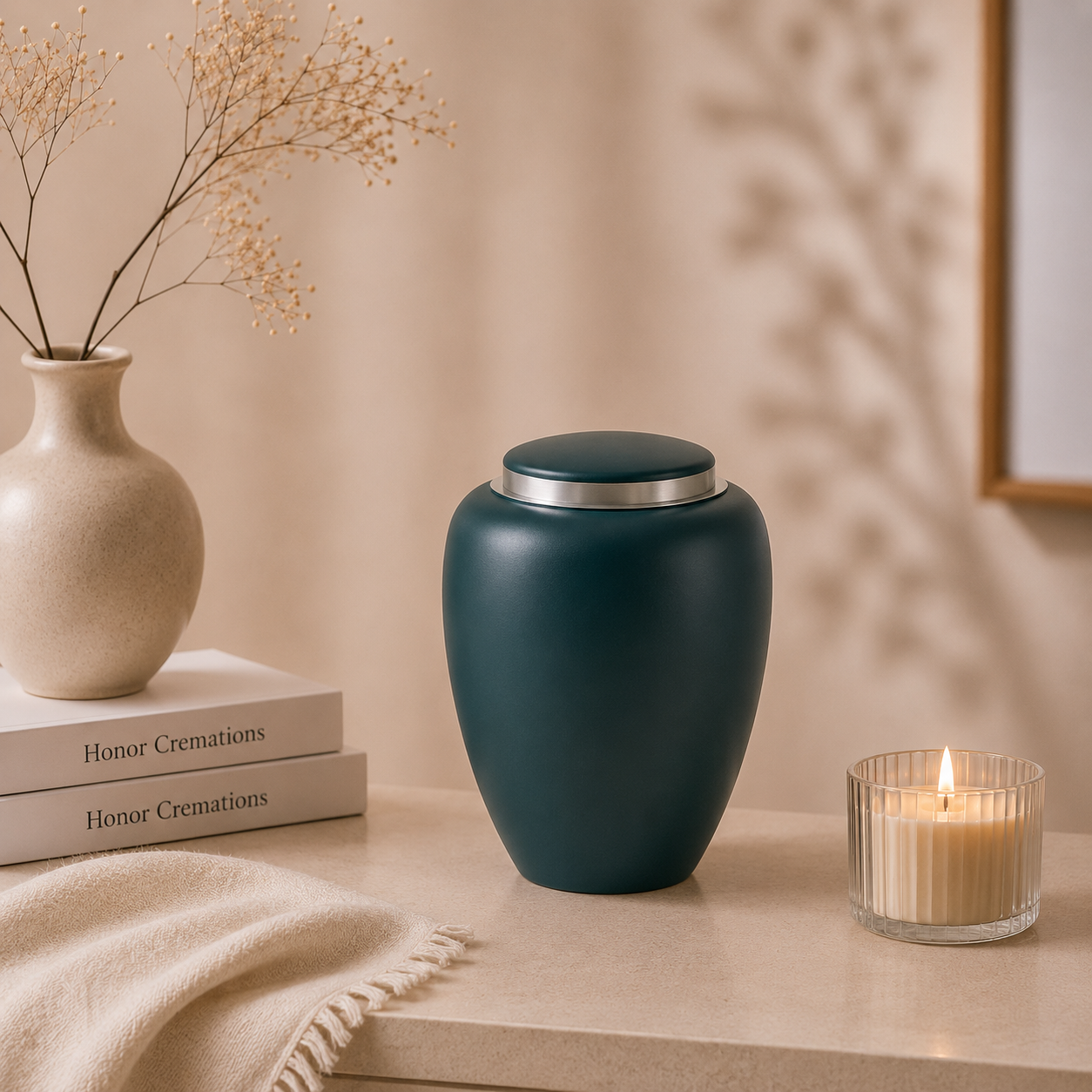 A teal-colored urn with a metallic lid on a beige surface next to a lit candle in a glass holder. To the left, a beige textured vase with dried flowers sits on two white books titled "Honor Cremations." A cream-colored cloth with fringe is partially draped over the surface. The background consists of a blurred beige wall and a framed picture.