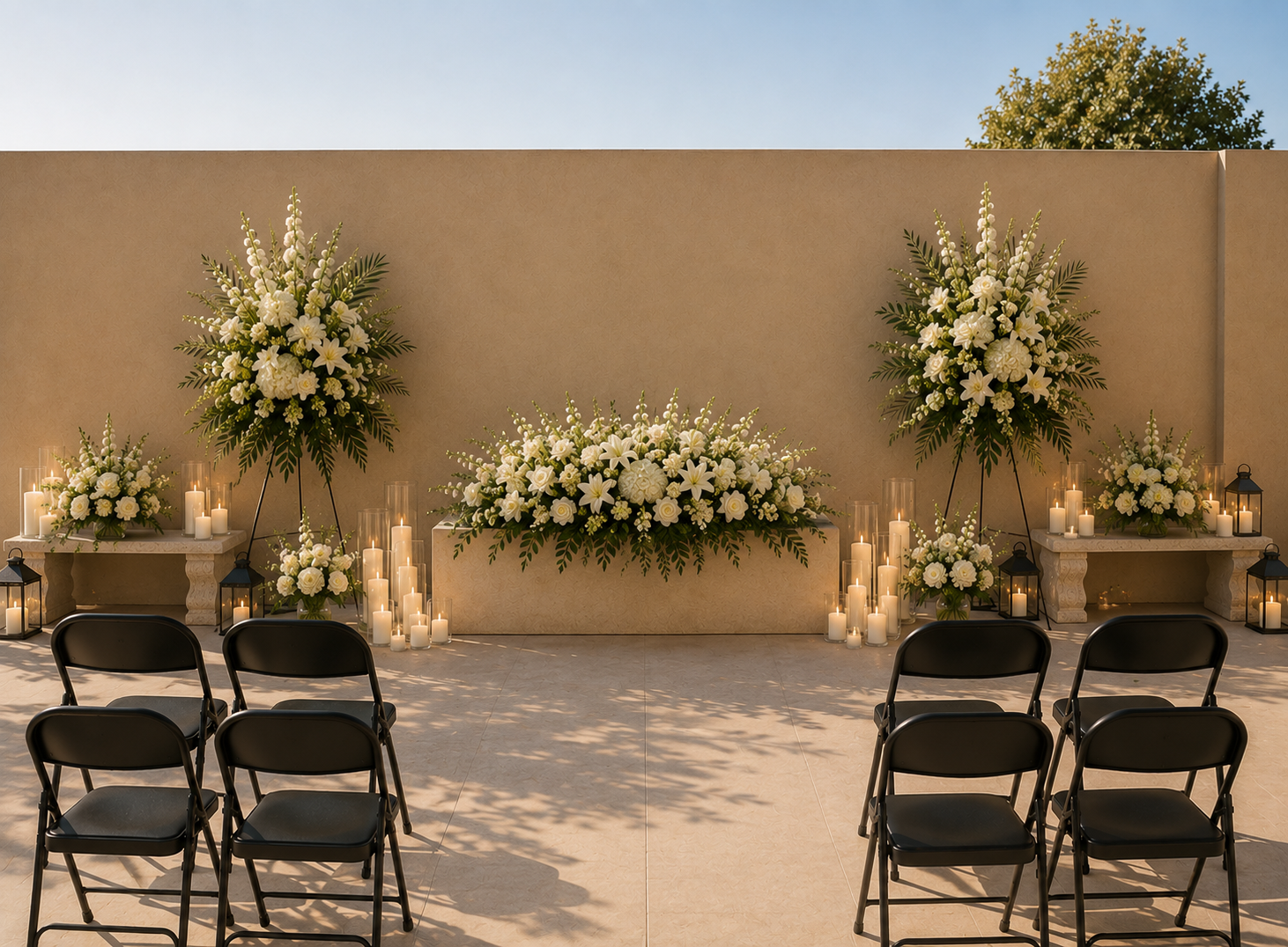 Elegant outdoor wedding altar with white floral arrangements, candles, and lanterns, set against a beige wall with a clear sky.