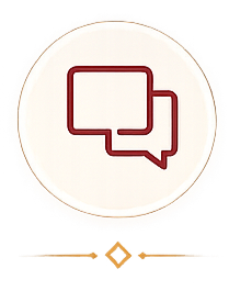 Icon of two speech bubbles, one overlapping the other, in red outline on a white circular background.