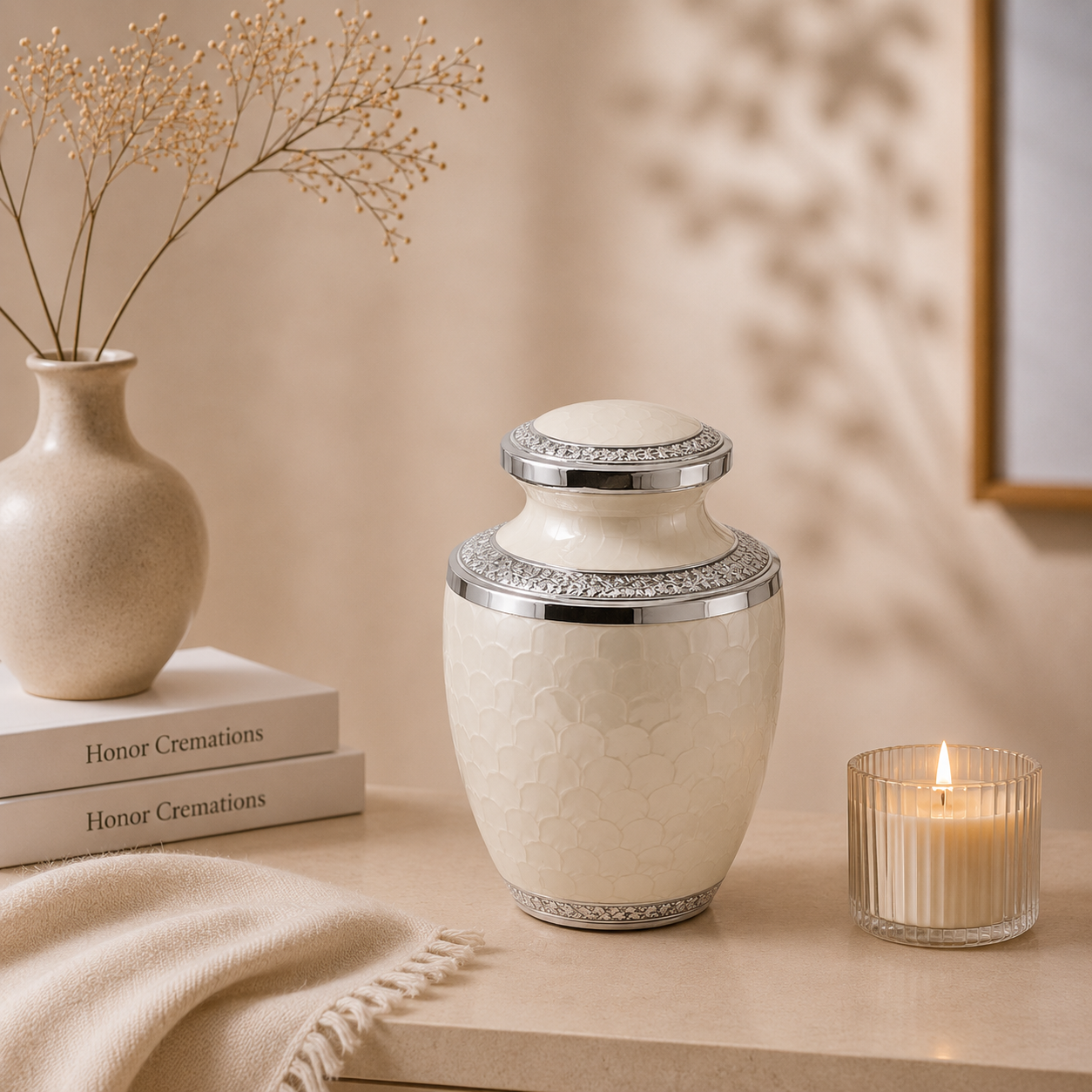 Cream-colored decorative urn with silver accents, a beige vase with dried branches, a candle in a glass holder, and two books titled "Honor Cremations."