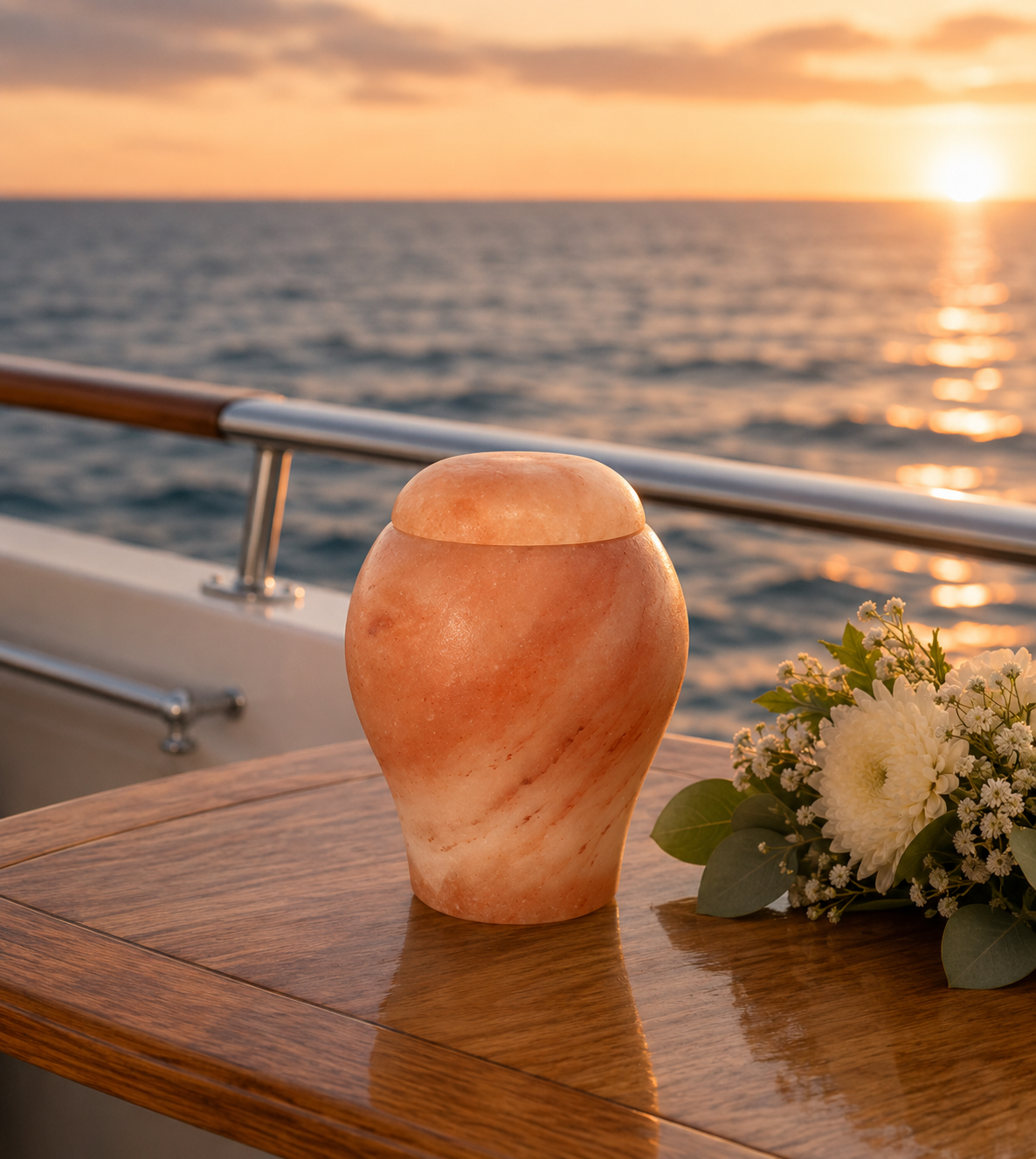 A salt lamp and a bouquet of white flowers on a wooden table on a boat, with the ocean and a sunset in the background.