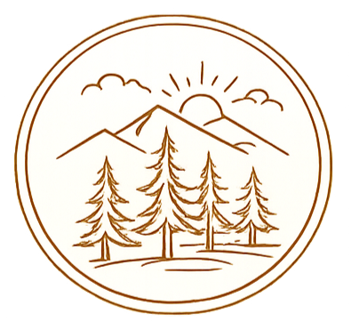 illustration of mountains, pine trees, and a setting sun within a circular border
