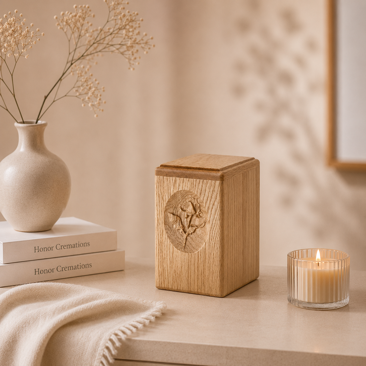 A beige vase with dried white flowers, two white prayer books titled "Honor Cremations," a wooden cremation urn with carved flower design, a lit candle in a glass holder, and a cream-colored cloth on a light-colored table.