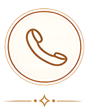 Icon of a brown telephone receiver inside a white circle with a gold border.