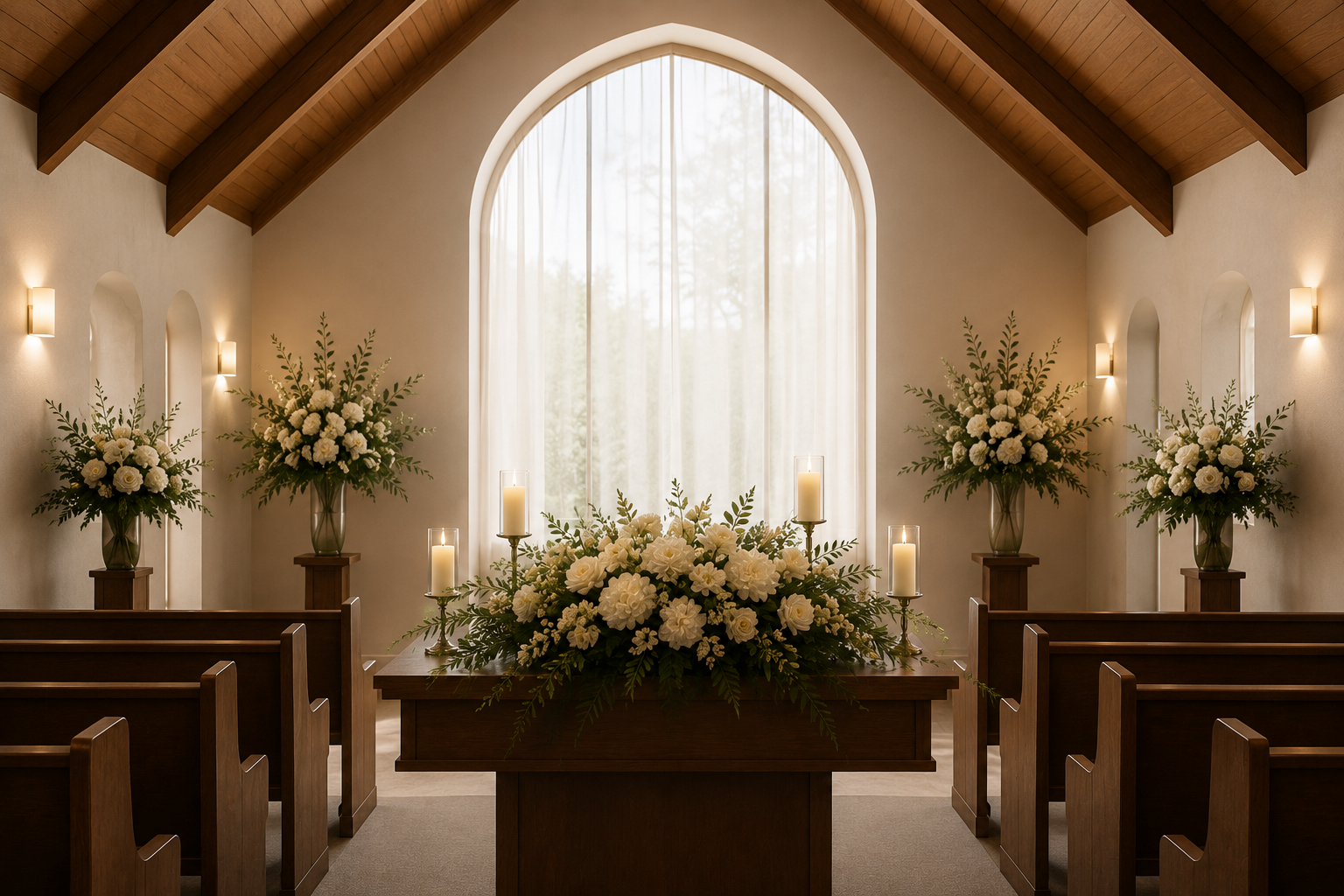 Interior of a chapel decorated with white flowers and candles, with wooden pews and a large arched window in the background.