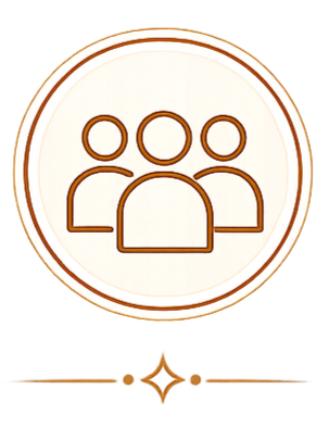 Icon of three people, representing a group or team, inside a circular border with a decorative star element below.