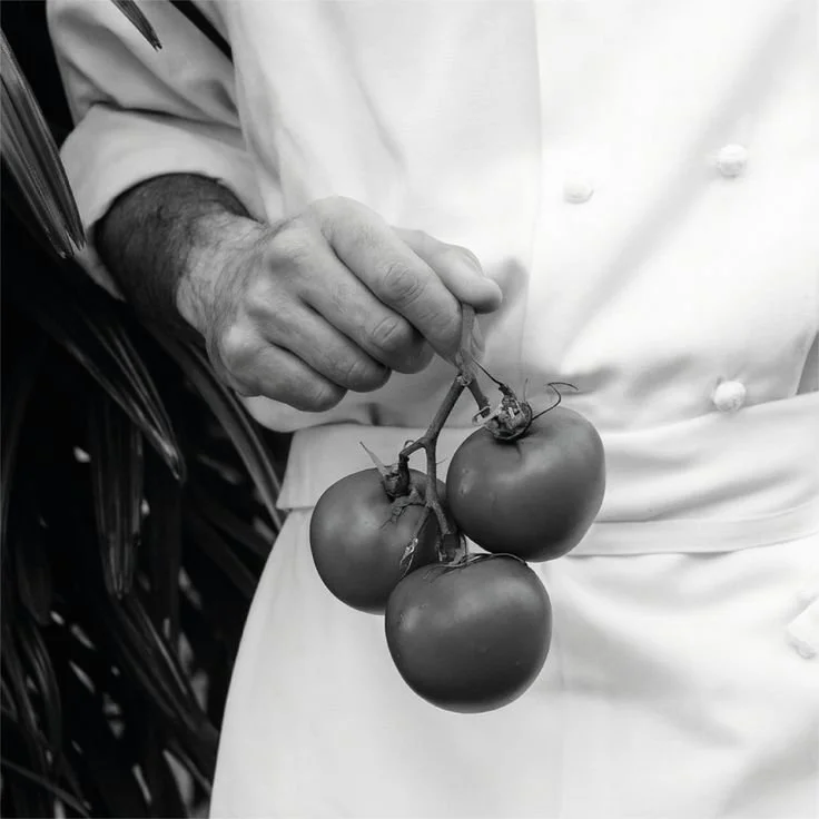 Persona que sostiene un racimo de tomates maduros en su mano con ropa blanca y fondo oscuro