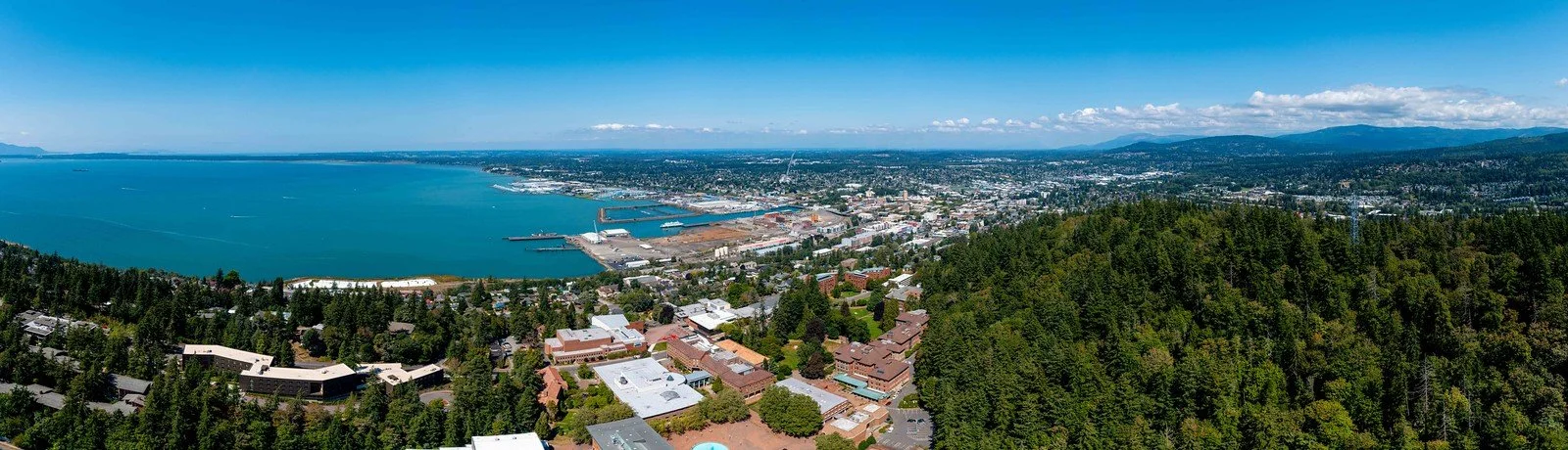 Aeriel view of Western Washington University and Bellingham.
