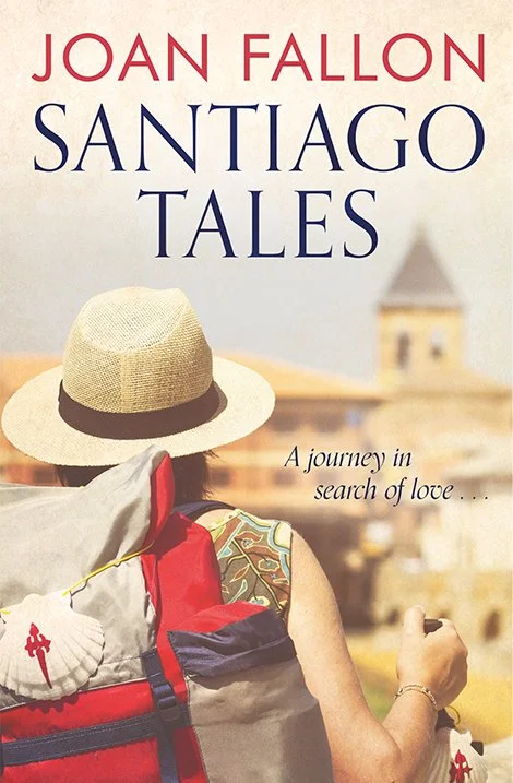 Book cover of Santiago Tales by Joan Fallon showing the back of a pilgrim walking the Camino of Santiago.