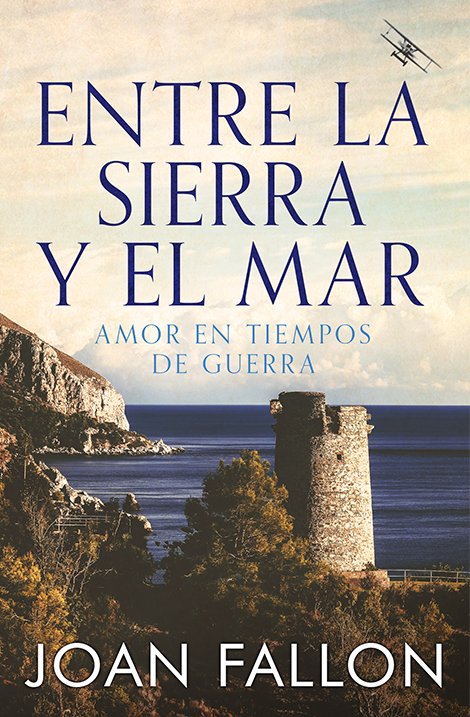 Book cover for Entre La sierra y el Mar by Joan Fallon, showing  mountains coming down to the sea.