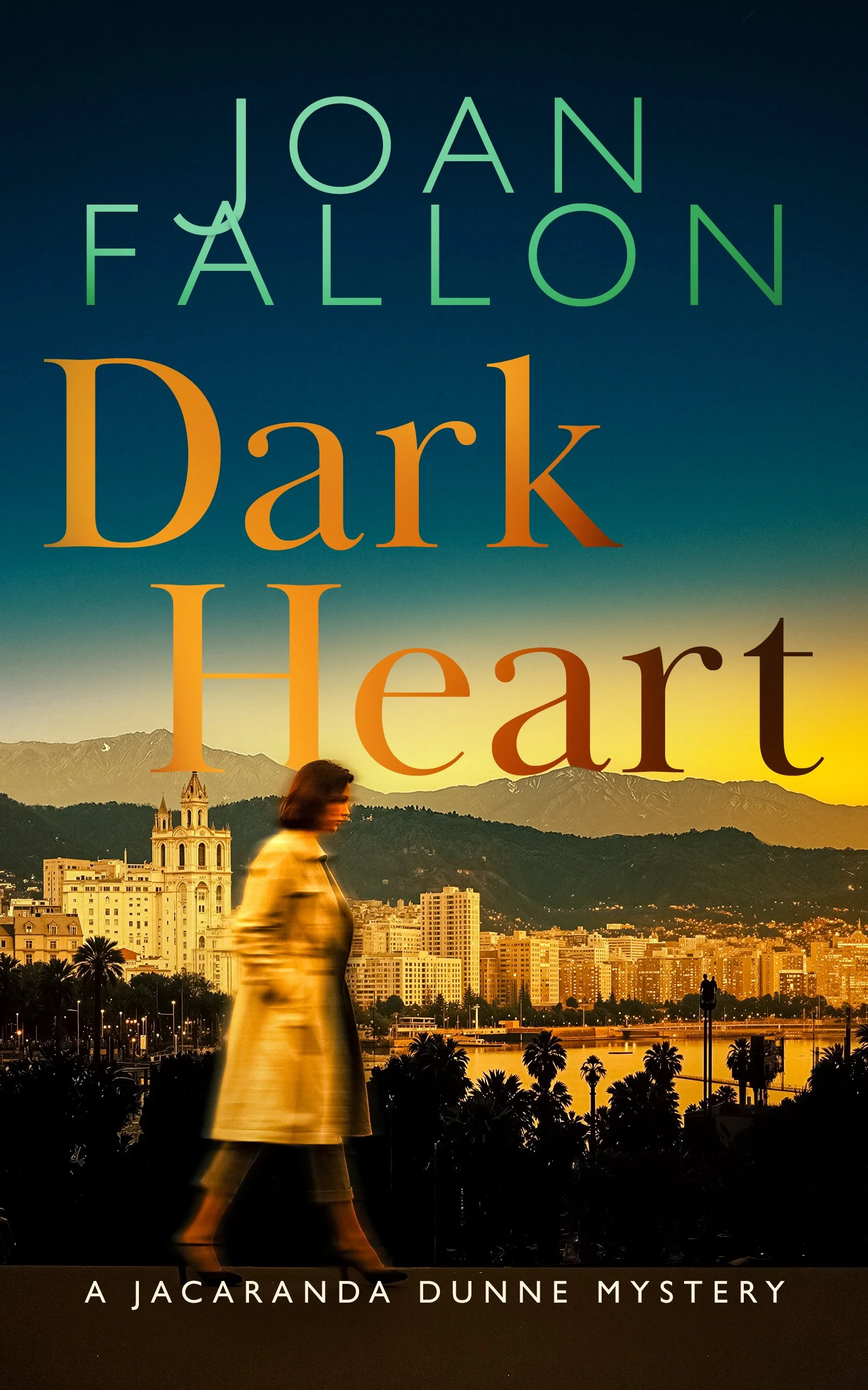 Book cover of Dark Heart by Joan Fallon featuring a woman looking towards the city.