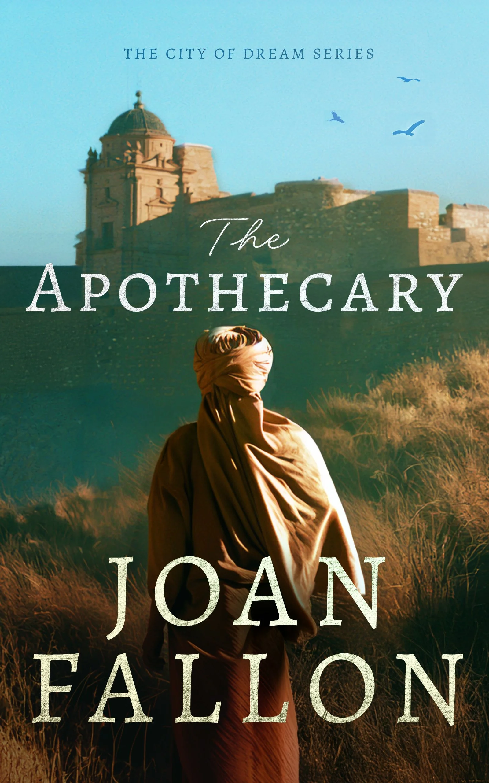 Book cover showing the apothecary approaching the city of Malaga