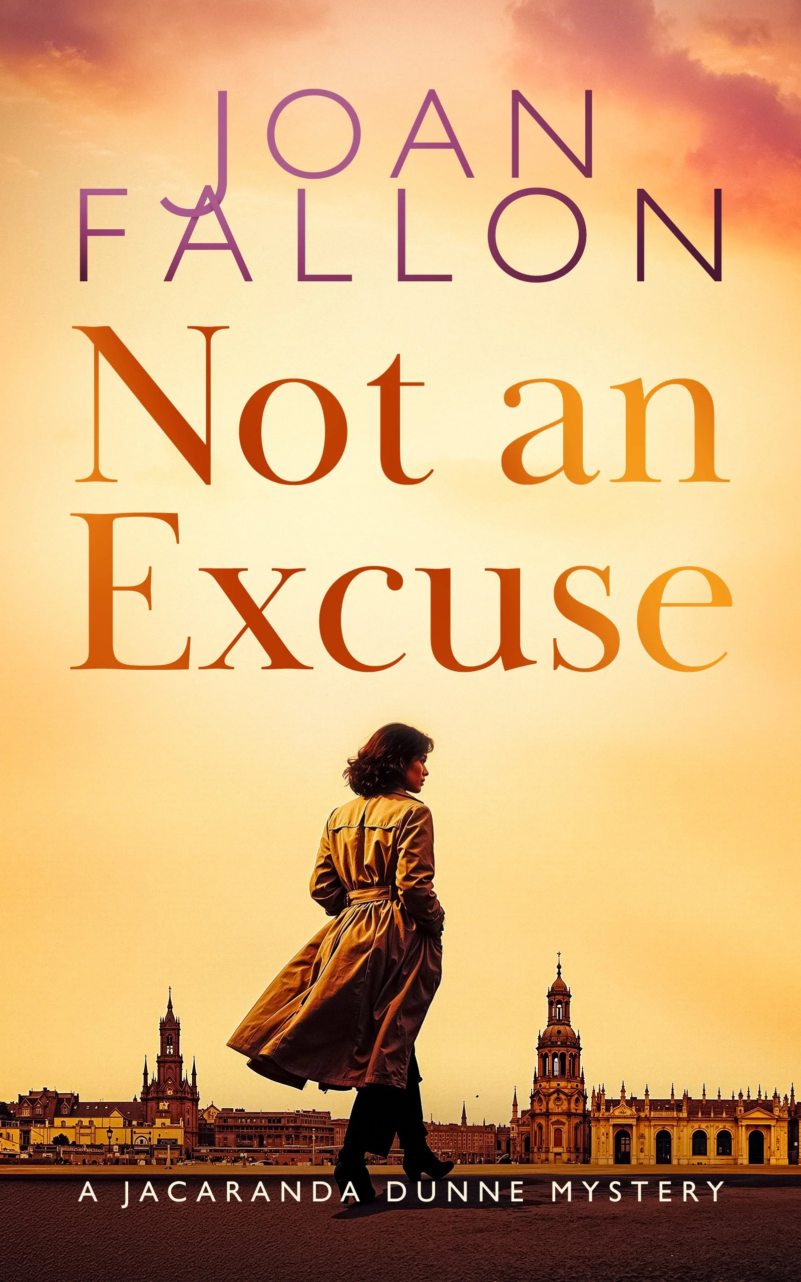 Book cover of Not an Excuse by Joan Fallon featuring woman walking towards a parliament building.