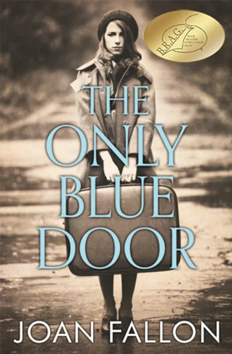 A monochrome book cover for the Only Blue Door by Joan Fallon showing a WWII evacuee waiting with her suitcase.