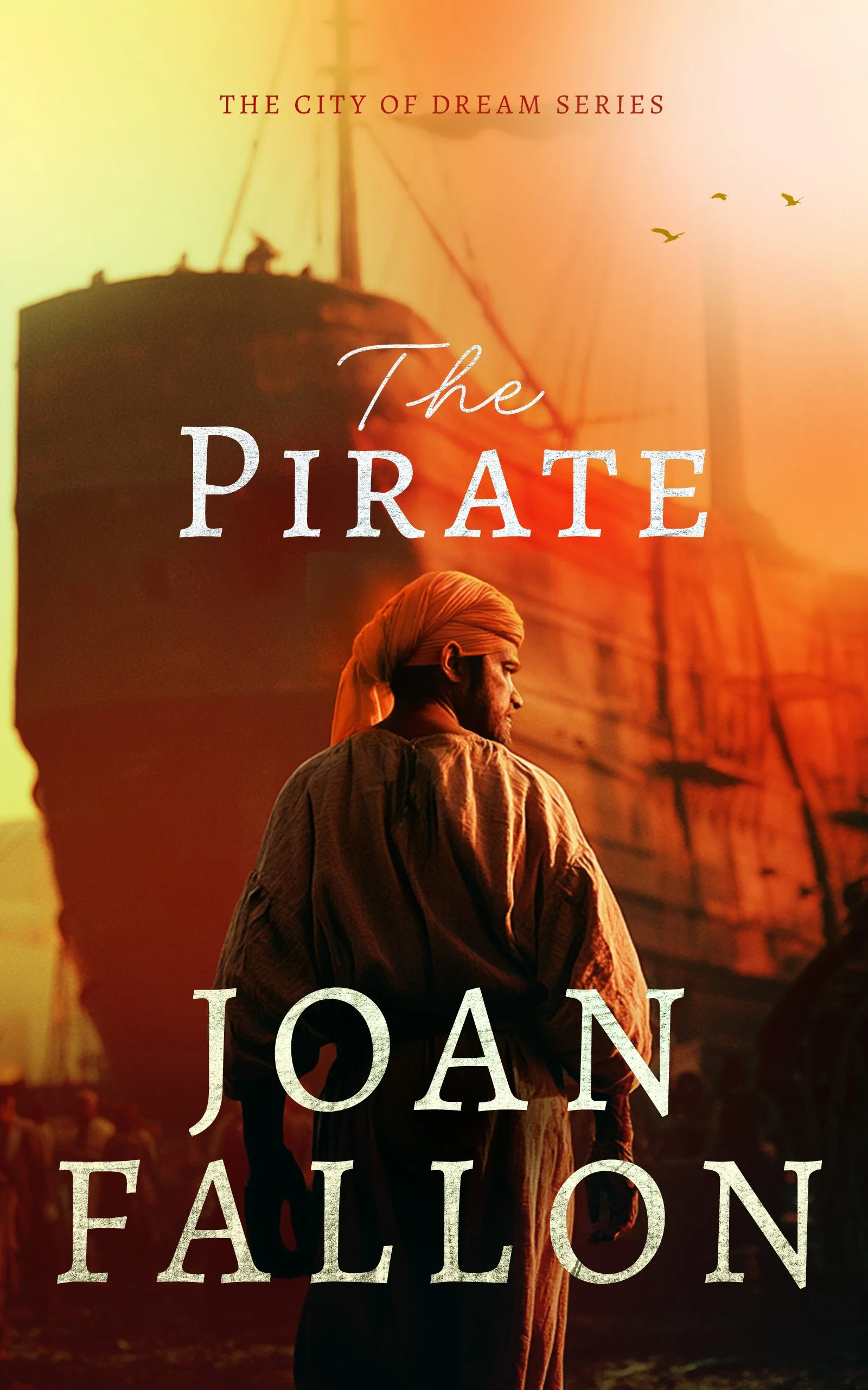 The cover for the Medieval adventure story The Pirate. A Moorish pirate walks towards his ship.