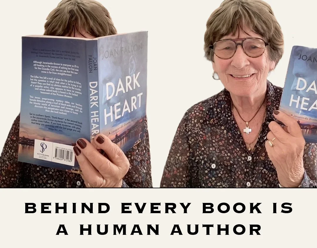 Two images of Joan Fallon, one hiding behind the cover of Dark Heart to illustrate that behind every book is a human author.