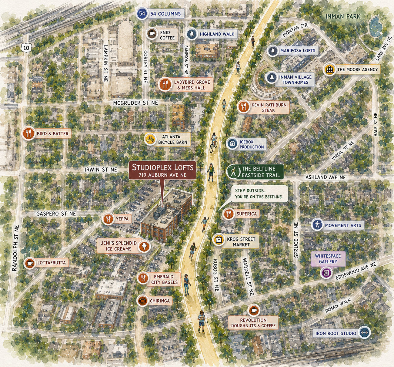 Map of the Auburn Avenue Cultural District, showing nearby streets and landmarks including dining options, galleries, studios, markets, and trails.