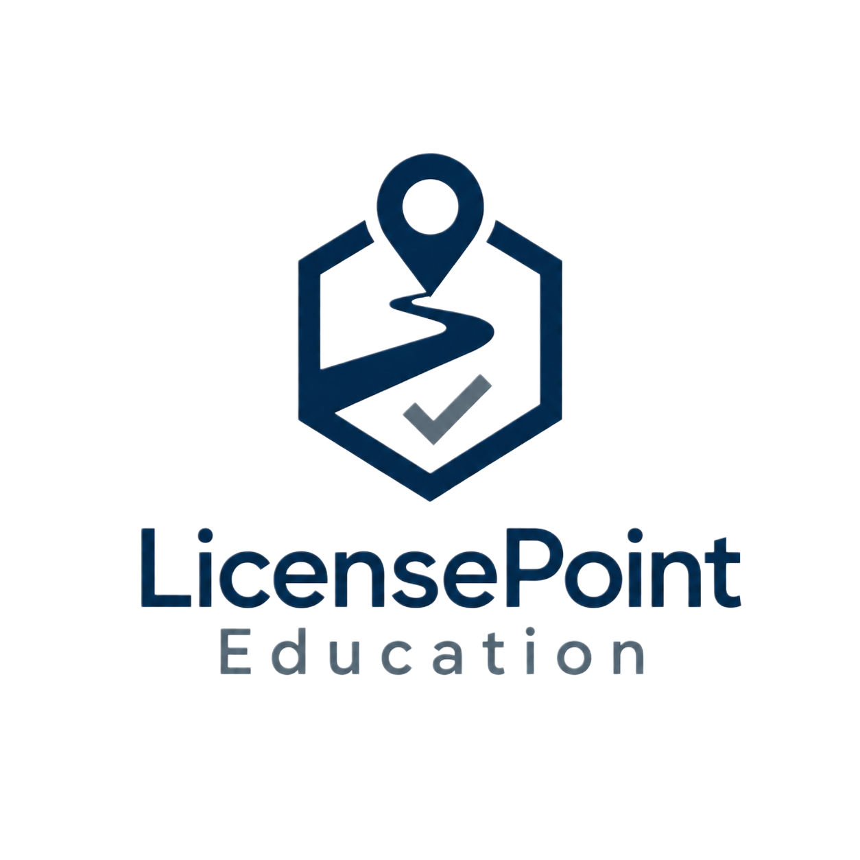 Logo for LicensePoint Education featuring a a modern badge with a central location point, with the text 'LicensePoint Education' below. This is the trusted point for license education and renewal.