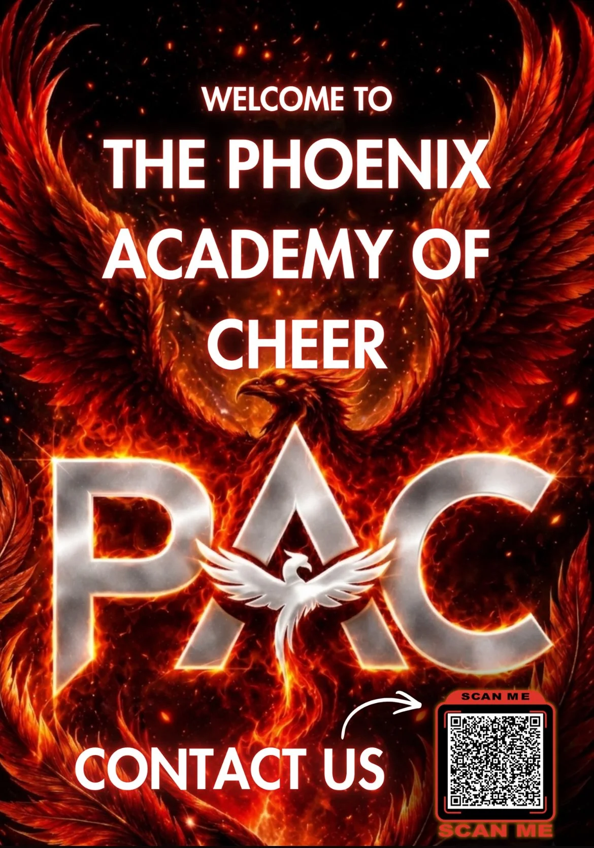 Bright fiery background featuring a large phoenix with outstretched wings, overlaid with white text that reads 'Welcome to the Phoenix Academy of Cheer' and a large logo with a phoenix and the letters 'PAC'. There is a QR code in the bottom right corner with an instruction to scan for contact information.