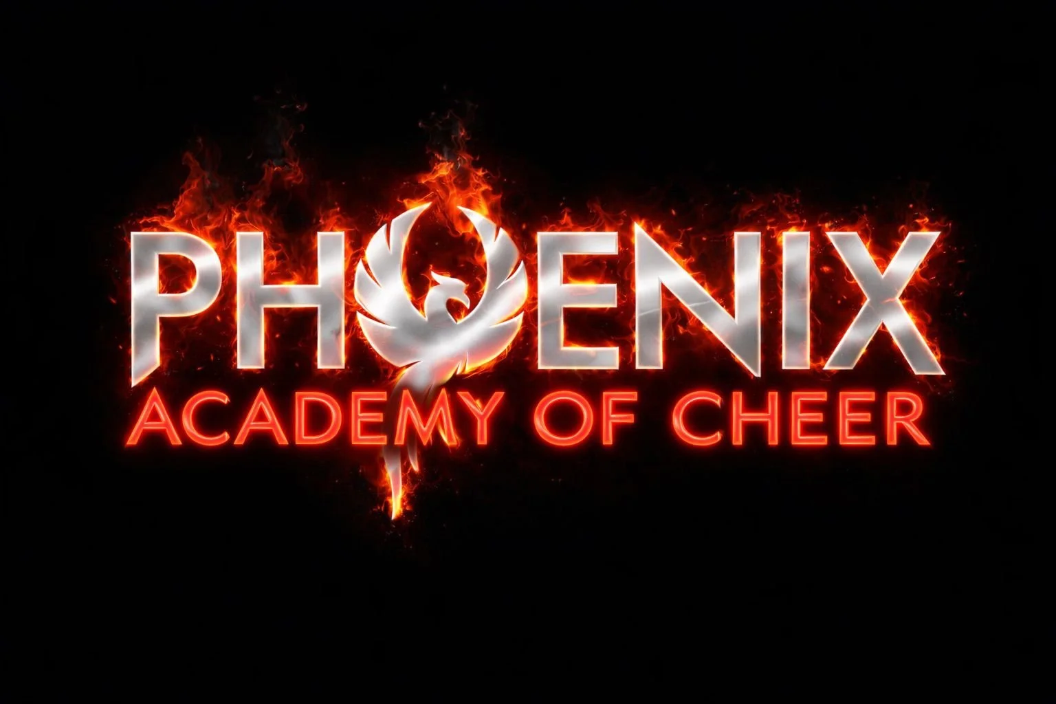 Text reading 'PHOENIX' with a fiery phoenix emblem, and 'ACADEMY OF CHEER' in red neon lights below, set against a black background.