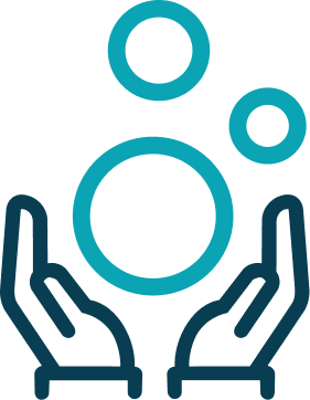 Line drawing of two hands cupping or supporting a group of three different-sized circles.