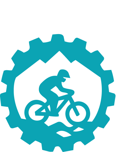 Icon of a cyclist riding a bike inside a gear symbol with a circular arrow at the top right.