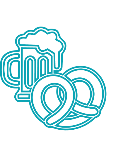 Outline of a mug of beer, pretzel, and a soft drink with a straw and lemon in a minimalist style