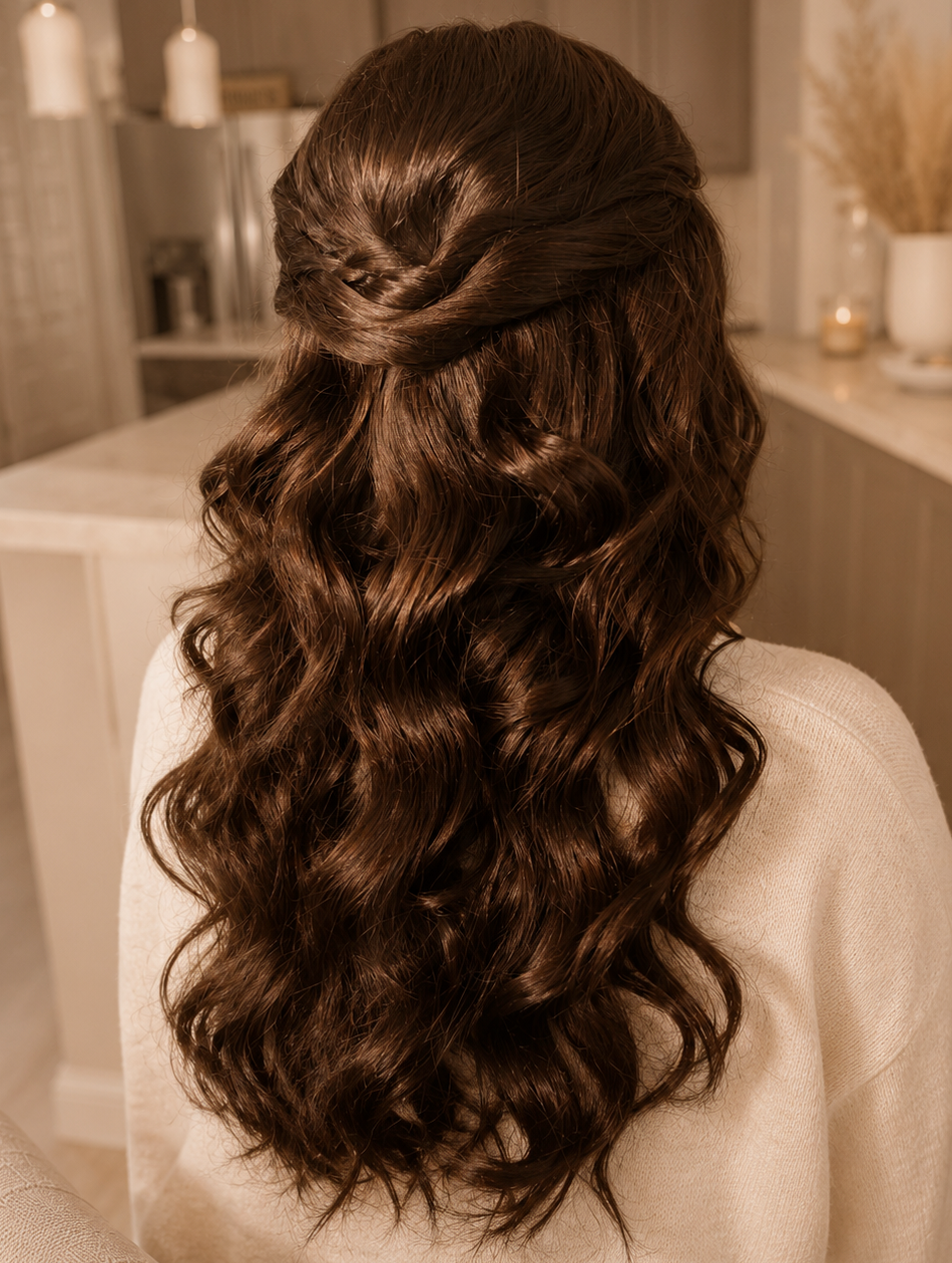 Back of a woman with long, wavy brown hair styled with a twisted half-updo, sitting in a cozy, well-lit room.