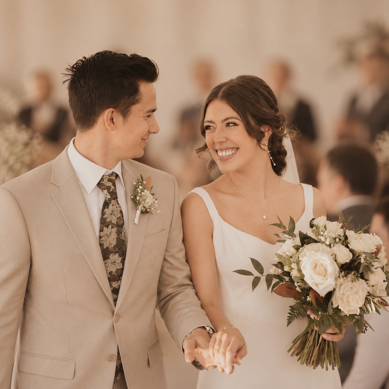 A bride and groom holding hands and smiling at each other during a wedding ceremony. The bride has a bouquet of white roses and greenery. The groom wears a beige suit with a floral tie.