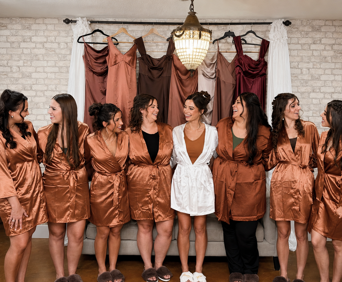 A group of eight women in satin robes, standing indoors in front of a brick wall with dresses hanging behind them, smiling and laughing together.