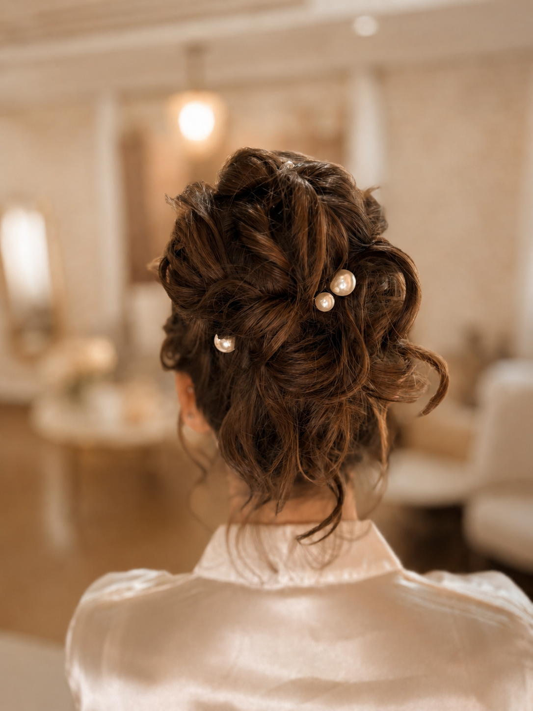 Back view of a woman with styled brown hair decorated with pearl hairpins in an elegant indoor setting.