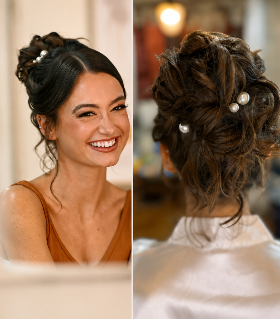 Side-by-side images of a woman with elegant curly updo hairstyle decorated with pearls; the left shows her smiling face, and the right shows the back of her hair with pearl accessories.