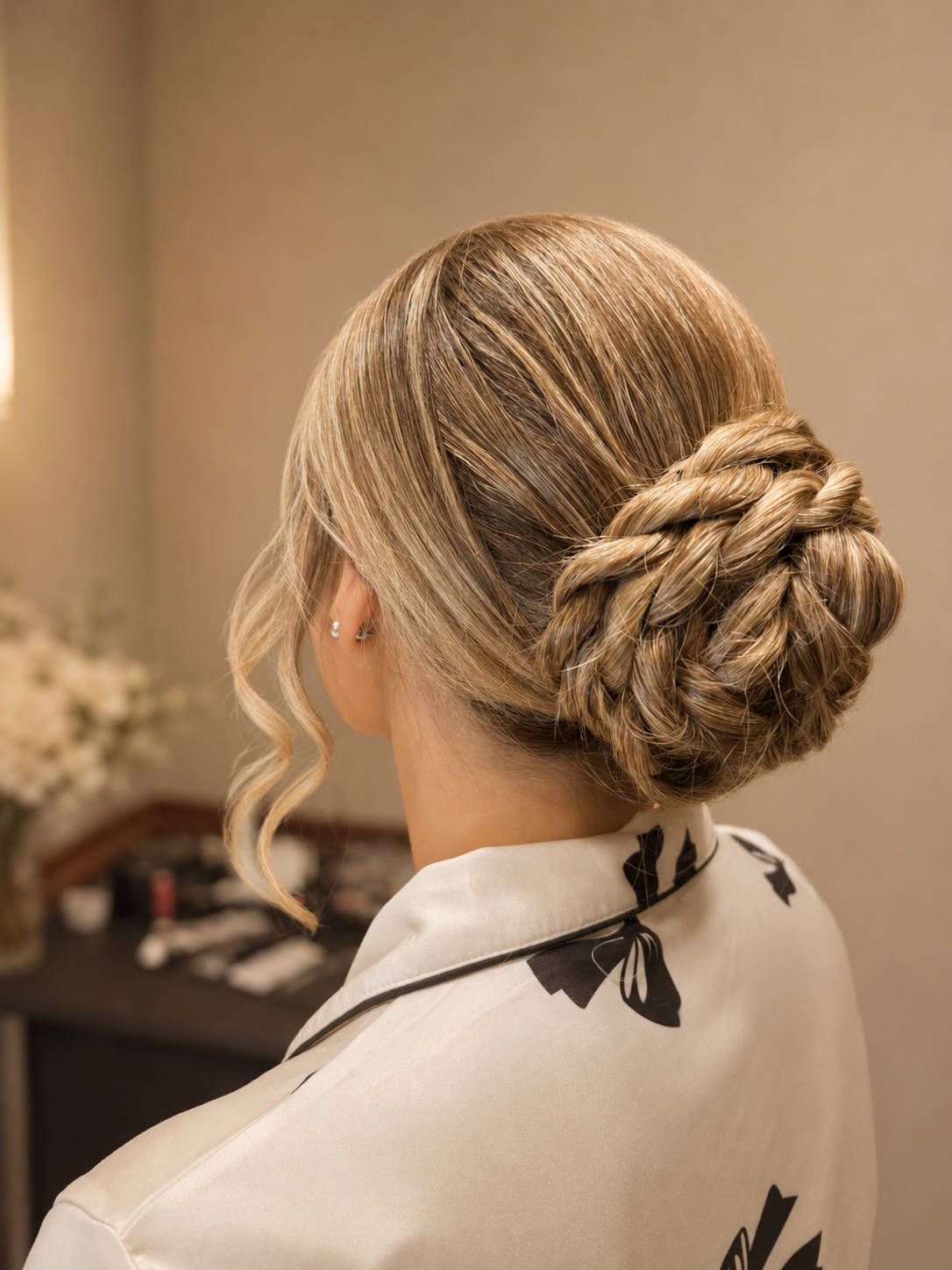Back of a woman's head with an elegant braided updo hairstyle, wearing pearl earrings and a satin robe with black bow patterns.