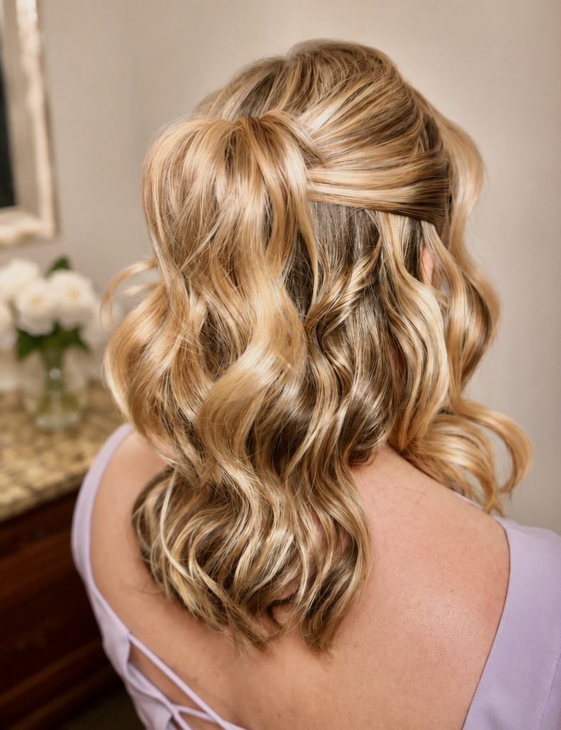 Back view of a woman with blonde, wavy hair styled in loose curls, wearing a light purple sleeveless top.