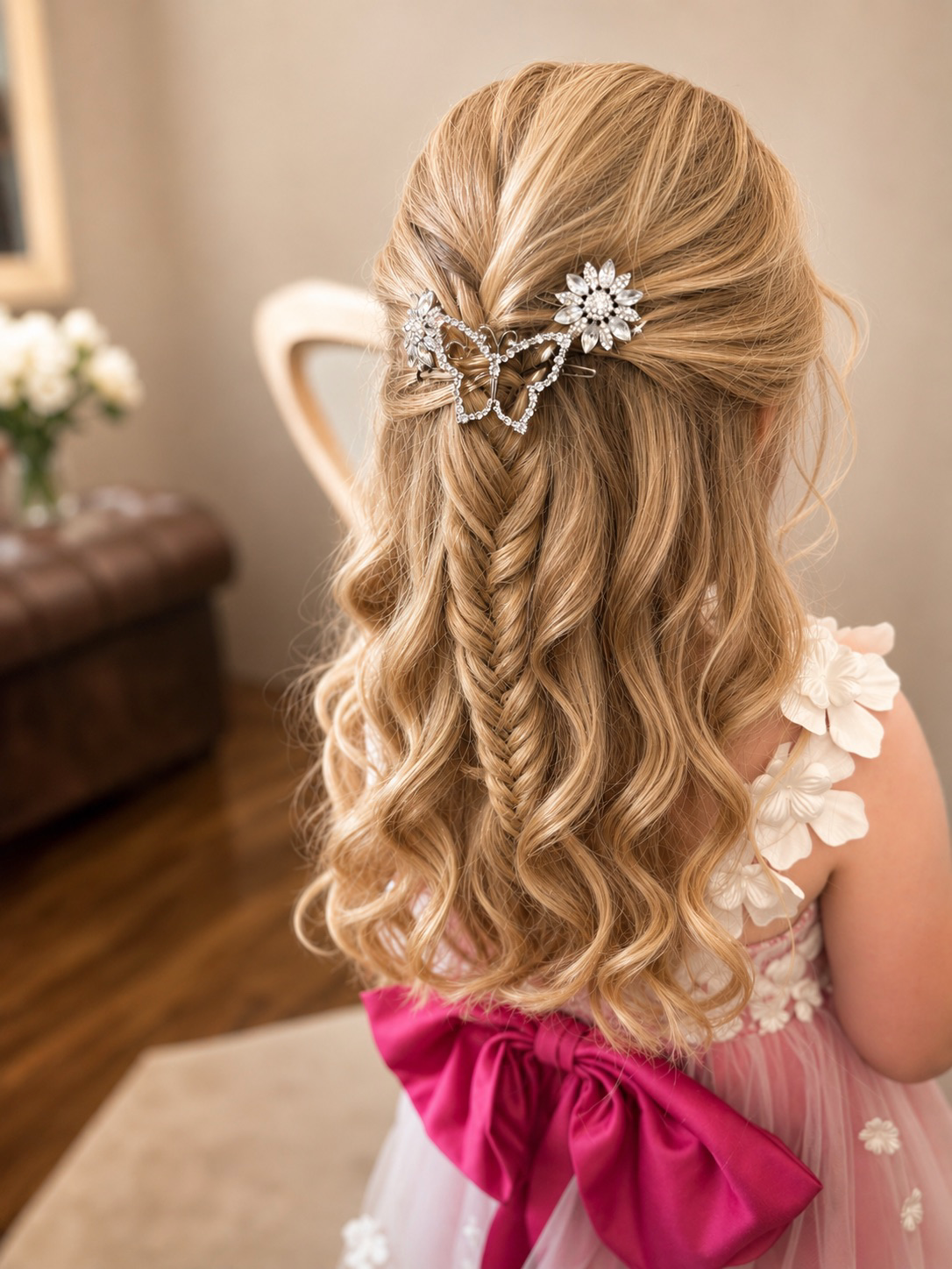 Back of a young girl with long, blonde curly hair styled with decorative floral hair clips, wearing a dress with white floral applique and a large pink bow on the back, in an indoor setting.