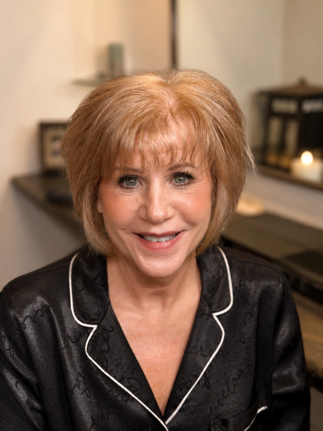 A middle-aged woman with short, layered red hair, wearing black satin pajamas with white piping, smiling at the camera in a warmly lit room with blurred background.