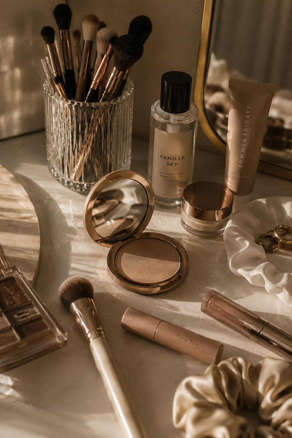 Beauty products including brushes, perfume, makeup, and accessories on a vanity table with sunlight reflection.