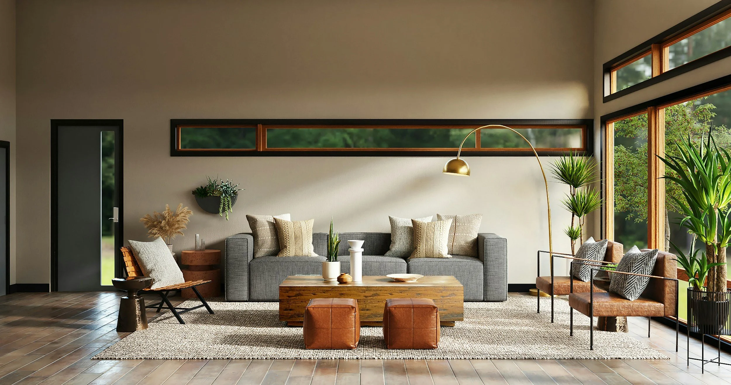 Modern living room with gray sofa, wooden accents, large windows with greenery outside, brass floor lamp, and various plants.