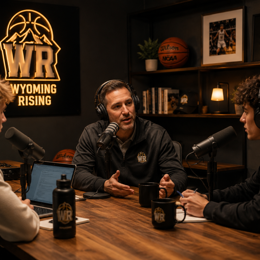 Three people having a discussion in a podcast studio with Wyoming Rising logo on the wall, basketball and framed photo in the background, microphones, and notebooks on the table.