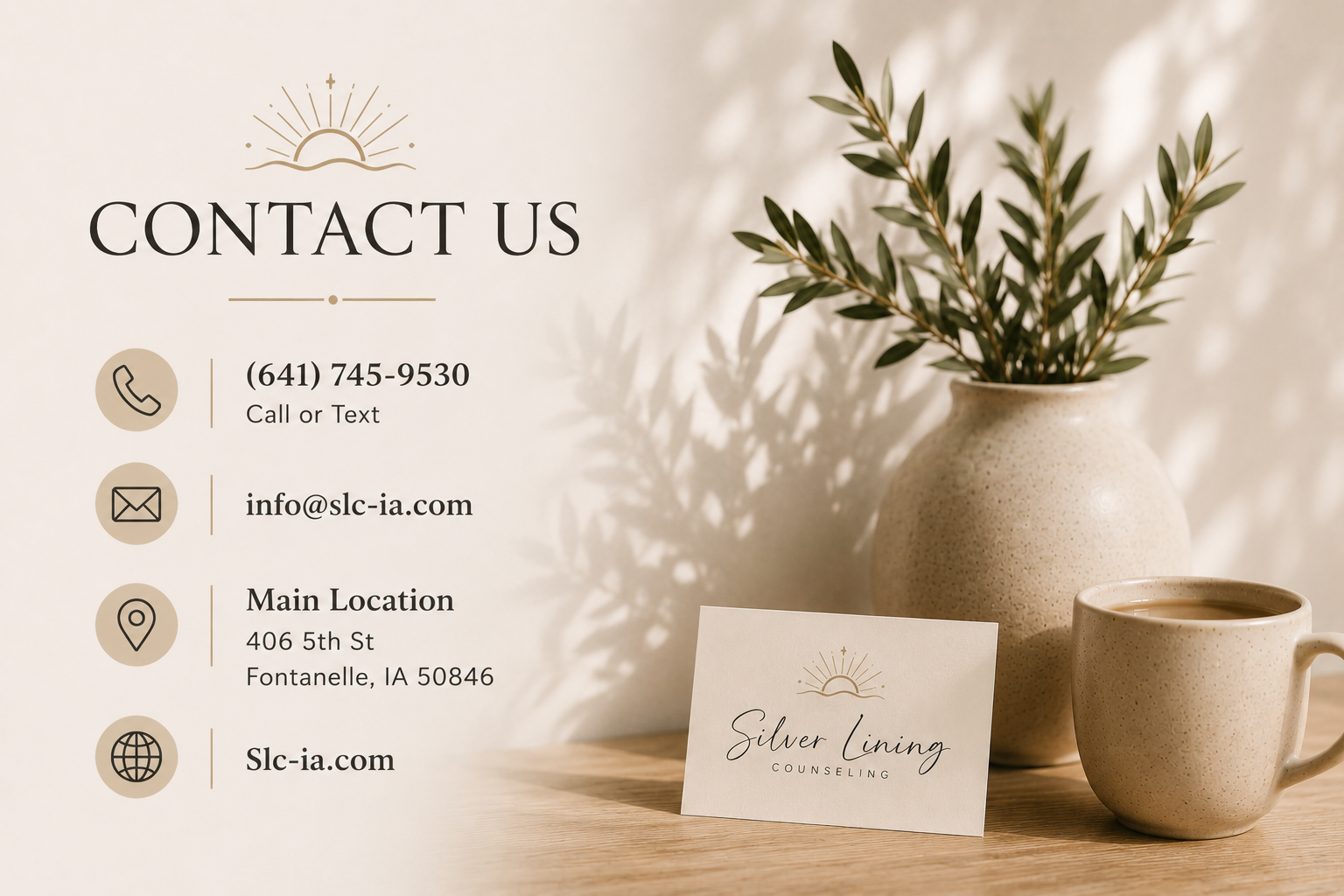 Contact information for Silver Lining Counseling, including phone number, email, address, and website, with a background of a plant, a mug of coffee, and a business card.