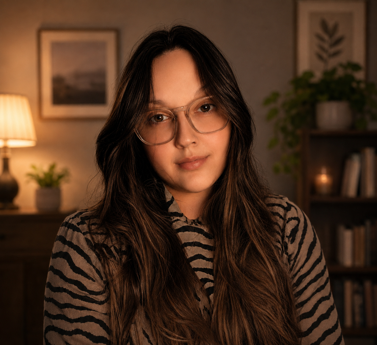A young woman with long, dark hair and glasses, wearing a zebra-patterned top, sitting in a cozy, warmly lit room with framed art and plants in the background.